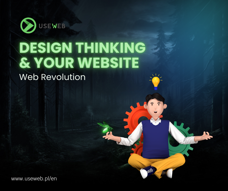 "DESIGN THINKING & YOUR WEBSITE" przedstawiająca postać siedzącą w pozycji lotosu z żarówką nad głową, trzymającą zielonego świetlika i otoczoną kolorowymi zębatkami na tle ciemnego, mglistego lasu. Na dole jest adres strony internetowej
